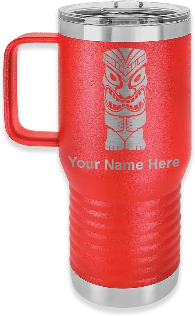 LaserGram 20oz Vacuum Insulated Travel Mug with Handle, Tiki Statue, Personalized Engraving Included (Red)