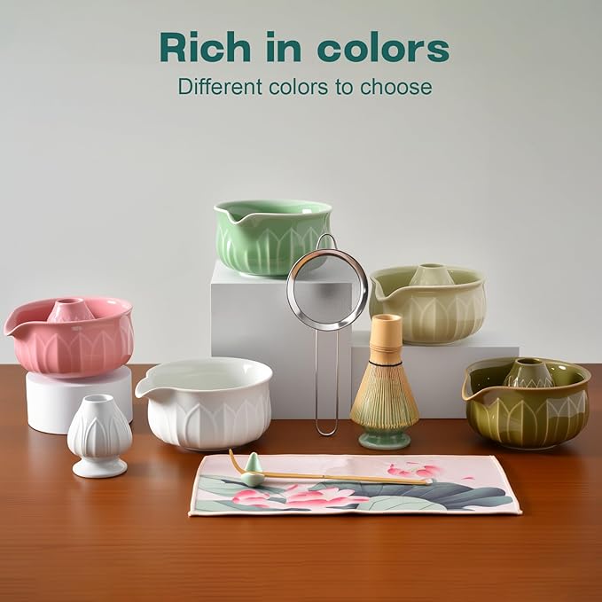 ZentButCool Matcha Set Includes Ceramic Matcha Bowl, Bamboo Whisk (Chasen), Scoop, Stainless Steel Matcha Sifter, And Whisk Holder (Nature)