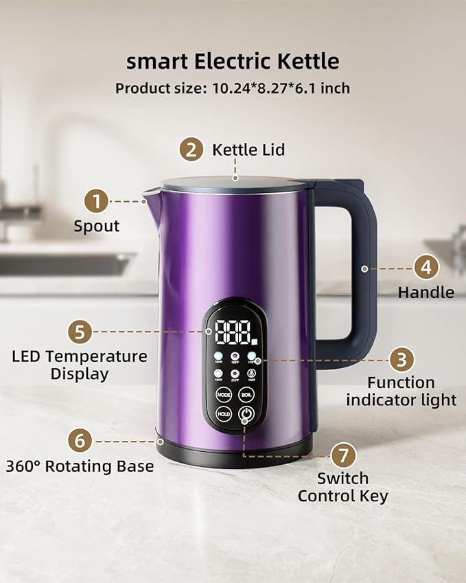 Tisania Smart Electric Kettle with Temp Control - 1.7L Cordless Kettle for Milk, Tea, Coffee, Baby Formula, 5 Presets & 2-Hour Keep Warm, Fast Boil Stainless Steel, Purple