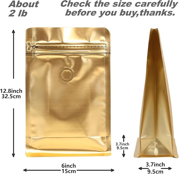 150 Pack High Barrier Stand-Up Coffee Bean Bags with Vented Valve, Matte Metallic, Heat-Sealable and Resealable Solid Color Pouches for Food Storage (6 * 12.8 inch,2 lb,32 oz,Golden)