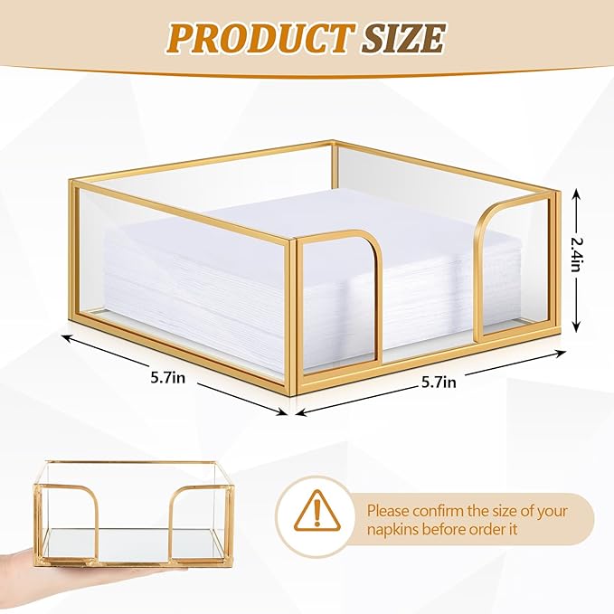 LemonRoad 2 Pcs Square Gold Napkin Holder for Table 5.7 x 5.7 Inch Decorative Cocktail Napkin Holder Glass Flat Paper Basket for Kitchen Dining Buffet Bar Counter Wedding Party Restaurant Bar Hotel