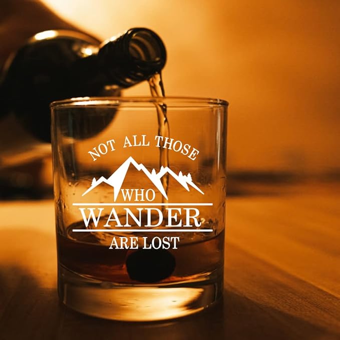 AGMdesign Funny Not All Those Who Wander are Lost Whiskey Glasses, Unique Gifts Idea for Outdoor Mountaineering Lovers, Funny Hiker Camper Gifts for Men Women Friends Hiking Camping Lovers Boyfriend