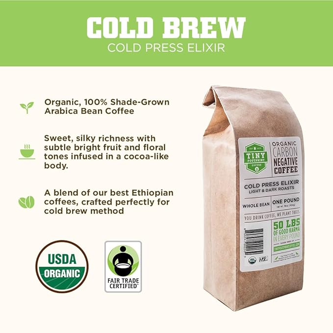 Tiny Footprint Coffee - Organic Cold Brew Cold Press Elixir | Blend of Light & Dark Roasts Whole Bean Coffee | Shade-Grown, Fair Trade & Carbon Negative | 16 Ounce