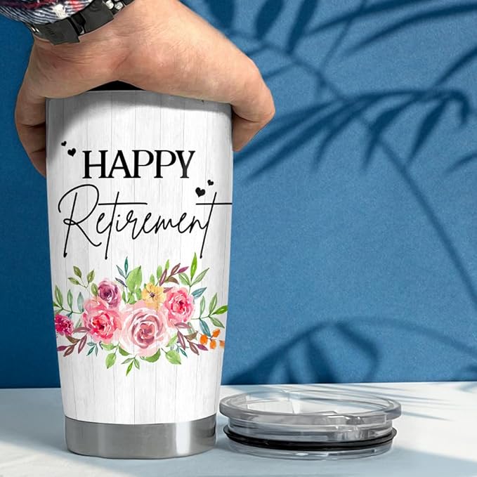 SANDJEST Happy Retirement Tumbler Stainless Steel Insulated Tumbler 20oz Retirement Gift for Women Retired Gifts Farewell Drinking Cups For Female Coworker Boss Colleague Friends