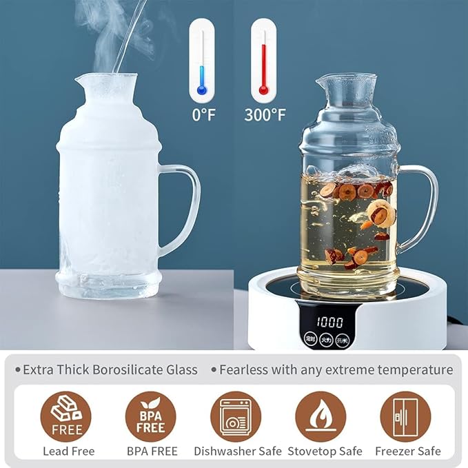 68OZ Glass Pitcher with Lid and Spout, Water Jug, 2000ml Carafe for Hot/Cold Water, Large Iced Tea Pitcher for Coffee, Juice and Homemade Beverage
