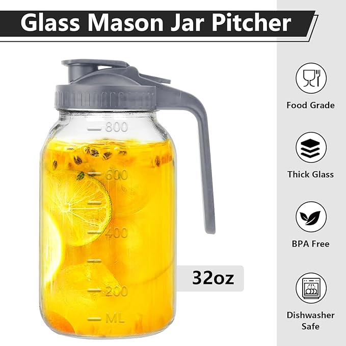 32 oz Glass Pitcher with Lid, 1 Quart Breastmilk Pitcher Double Leak Proof, Wide Mouth Jar with Flip Cap Lid, Heavy Duty Container for Water, Juice, Milk, Tea, Iced Coffee, and Drinks（Grey）