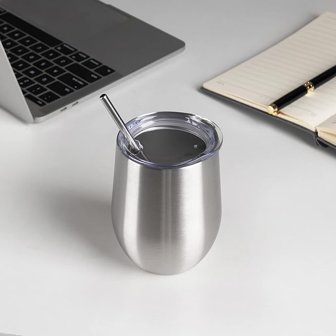 12 oz Insulated Wine Tumbler with Lid and Straw,Stainless Steel Stemless Wine Tumbler Glasses Double Wall Vacuum Wine Cups Tumbler Bulk for Coffee,Champaign,Office(Silver,8)