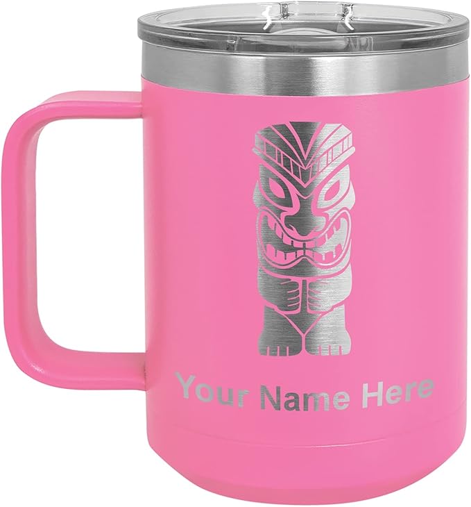 LaserGram 15oz Vacuum Insulated Coffee Mug, Tiki Statue, Personalized Engraving Included (Pink)