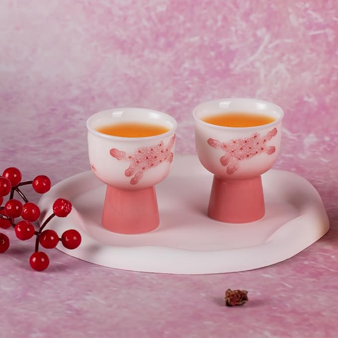 KAMMAK Tea Cup, 2oz Small Tea Cups, Porcelain Tea Cups Set with Short Stem, Cute Ceramic Teacups for Home, Party, Office, Chinese Kungfu Tea Set for Hot/Cold Drink (Pink Pile Flowe)