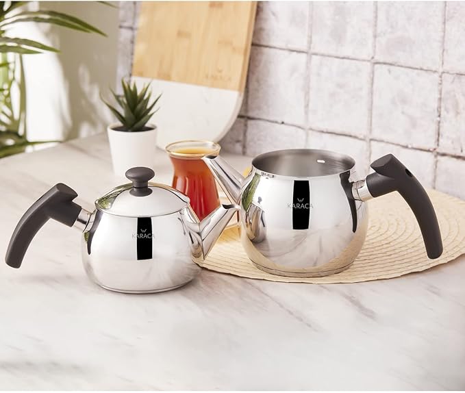 KARACA Adelya Teapot Set, 1.1Ltr, Stainless Steel, Black, Turkish, Induction Compatible, Dishwasher Safe, 2-Year Guarantee