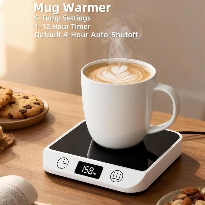 Coffee Mug Warmer, 20W Fast Heating & Constant Temperature Control, 6-Temp Settings, 1-12H Timer, Candle Warmer, Compatible with Various Cups for Coffee, Tea, Milk (White)