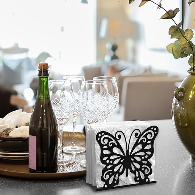 Butterfly Decorative Black Metal Napkin Holder for Table, 5.3" x 4.4" x 2" Insect Animal Standing Napkin Holder for Home Kitchen Restaurant Picnic Party Coffee Bar Dining Room