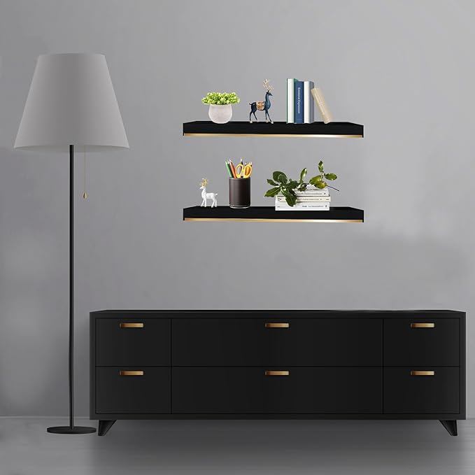 Thick 1.78 in Black and Gold Shelves with Thicked 1/5 Inch Heavy Duty Bracket,Black Gold Foating Shelves Pine Wood 16 ×6.5 in Floating Shelves for Wall with Stainless Steel Trim Strip Set of 2