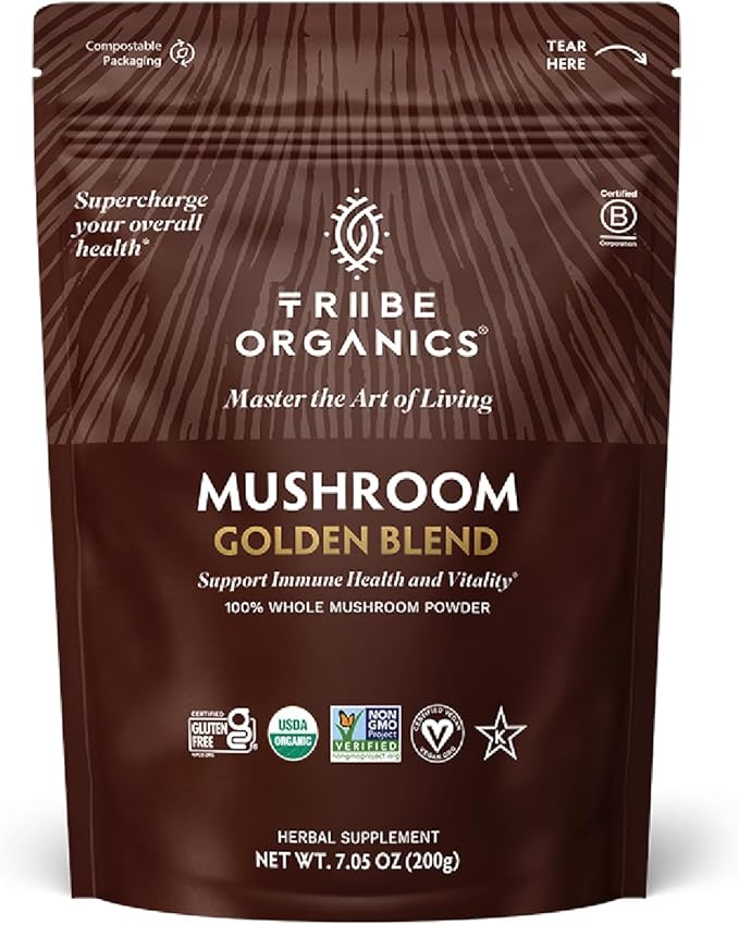 TRIBE ORGANICS Mushroom Golden Blend Powder - Organic Mushroom Powder Complex - 10-in-1 Mushrooms for Immunity Support & Health - 200g Pouch - 100 Servings
