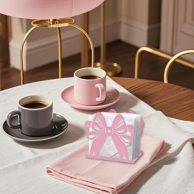 Pink Bow Decorative Metal Napkin Holder for Table, 5.9" x 5.3" x 1.9" Bow Standing Napkin Holder for Home Kitchen Restaurant Picnic Party Coffee Bar Dining Room