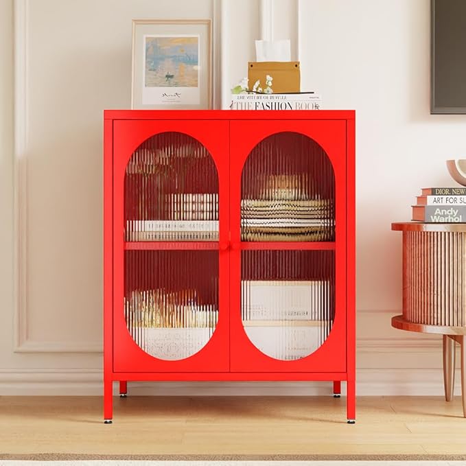 Small 2 Transparent Door Metal Storage Side Buffet Cabinet for Bed Room,Living Room,Entryway,Hallway,Home,Hotel,Office,Garage,Kitchen,1 Removable Shelf. (Transparent Door, Red)