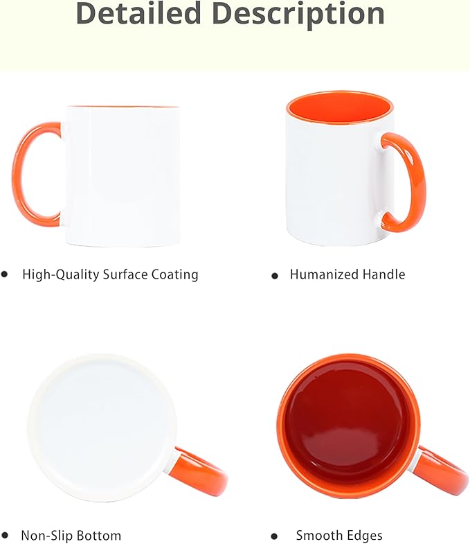11oz White Ceramic Sublimation Coffee Mug With Solid Colors Inside and Handle, (12, Orange)