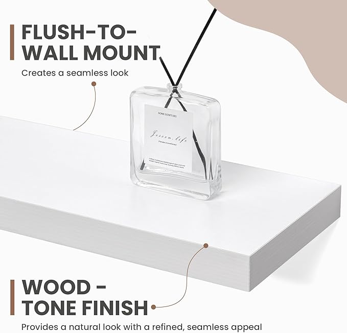 24 Inch Floating Shelves, 8 Inch Deep Floating Shelves for Wall, Hanging Shelf with Invisible Brackets, Deep Shelves for Bathroom, Bedroom, Living Room, White, Set of 2