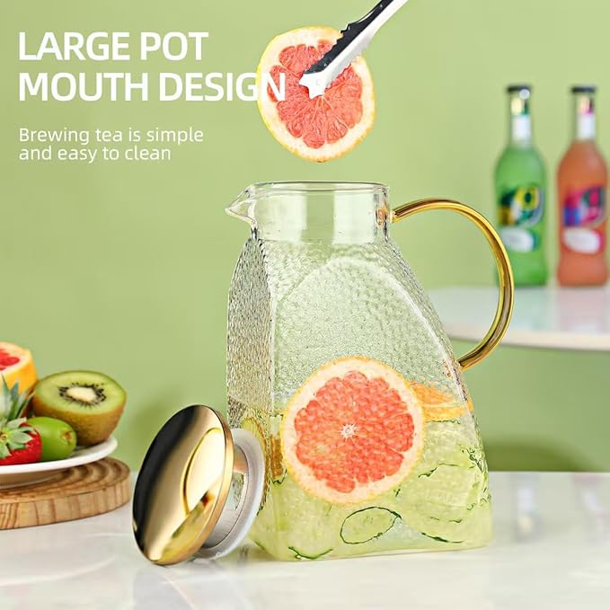 Glass Pitcher with Lid 1.8L, Borosilicate Glass Water Jug for Refrigerator Door, Hot & Cold Beverages, Leak-Proof Stainless Steel Lid with 2 Filter Holes for Iced Tea, Juice, Coffee, Milk