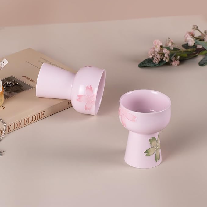 KAMMAK Tea Cups, Porelain Tea Cup Set of 2, 1.8oz Small Ceramic Teacups for Home, Tea Party, Chinese Kungfu Tet Set for Hot/Cold Drink (Pink Cherry Blossoms)