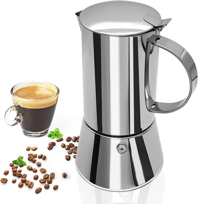 Uncoated 2 Cup Moka Pot 304 Thickened Stainless Steel Coffee Maker Stovetop Espresso Coffeemaker Italian Classic Style Brewing Greca Cafe Mocha Machine for Cafeteras Camping Travel Home 100ml 3.3oz