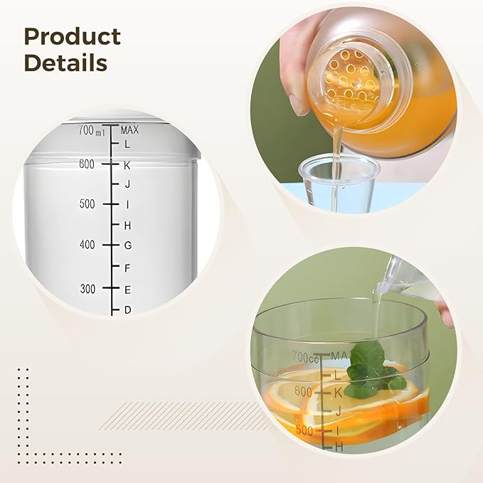 12 Pcs Plastic Cocktail Shakers, 700 ml/23.7 oz Drink Mixers with Scales & Strainers, Bar Mixing Tools, Mix Drinks for Bars, Restaurants, Tea Shops, and Home Use (700 cc/ 24 oz)
