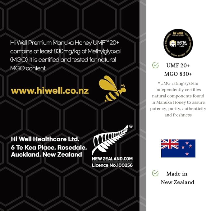 Hi Well Premium New Zealand 100% Manuka Honey | Monofloral Pure Raw Honey | UMF 20+, MGO 830+ Certified | 8.82Oz(250g)