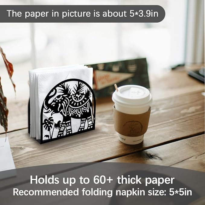 Elephant Decorative Black Metal Napkin Holder for Table, 5.3" x 4.9" x 1.9" Animal Leaf Standing Napkin Holder for Home Kitchen Restaurant Picnic Party Coffee Bar Dining Room