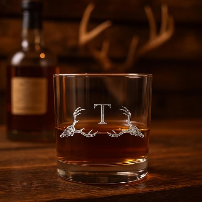 Hat Shark Personalized Whiskey Glass with Deer Skull Monogram, Single Rocks Glass, A-Z Initial, Clear (1, Letter T)