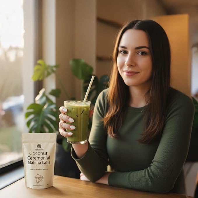 Mushmatcha Ceremonial Coconut Matcha Latte Powder - Organic Green Tea Matcha Powder with Smooth Coconut Cream - Vegan Superfood Drink for Focus & Energy – Dairy-Free, Gluten-Free, 100% Natural – 100g