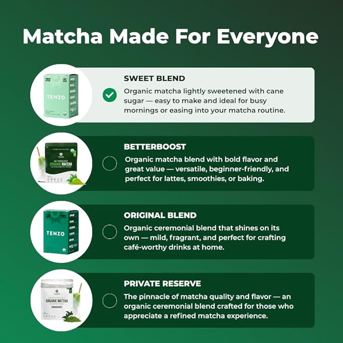Tenzo Single Serve Matcha Green Tea Powder - Matcha Powder Single Serve Sticks - Organic Matcha Green - Ceremonial Grade Sweet Blend Matcha (10 Count)