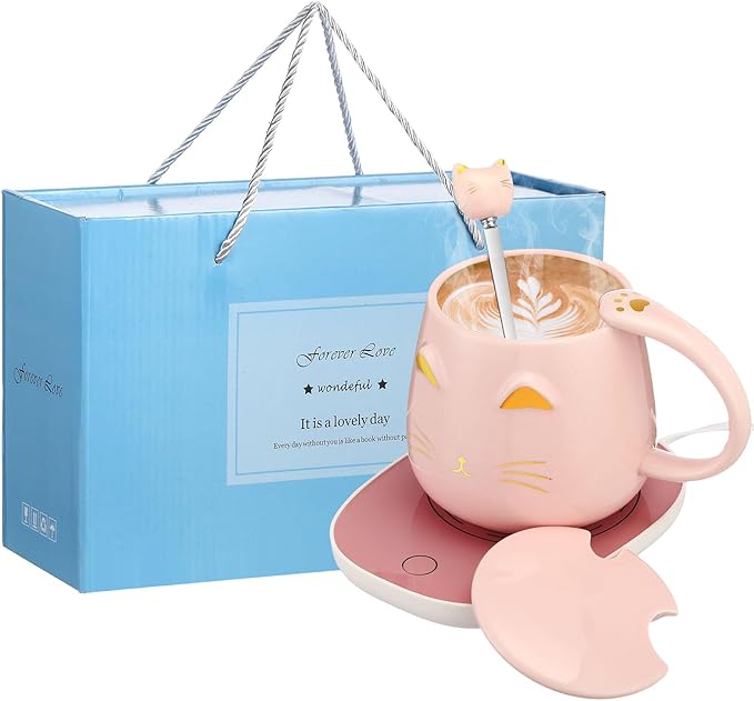 Cat Coffee Cup Warmer Coffee Warmer with Mug for Women Electric Coffee Mug Heater Temperature Control Ceramic Cute Cat Smart Coffee Warmer for Office Christmas Birthday Gift (Pink)