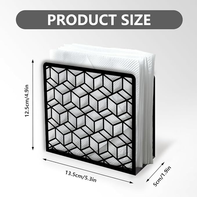 Geometric 3D Cube Decorative Black Metal Napkin Holder for Table, 5.3" x 4.9" x 1.9" 3D Cube Geometric Standing Napkin Holder for Home Kitchen Restaurant Picnic Party Coffee Bar Dining Room