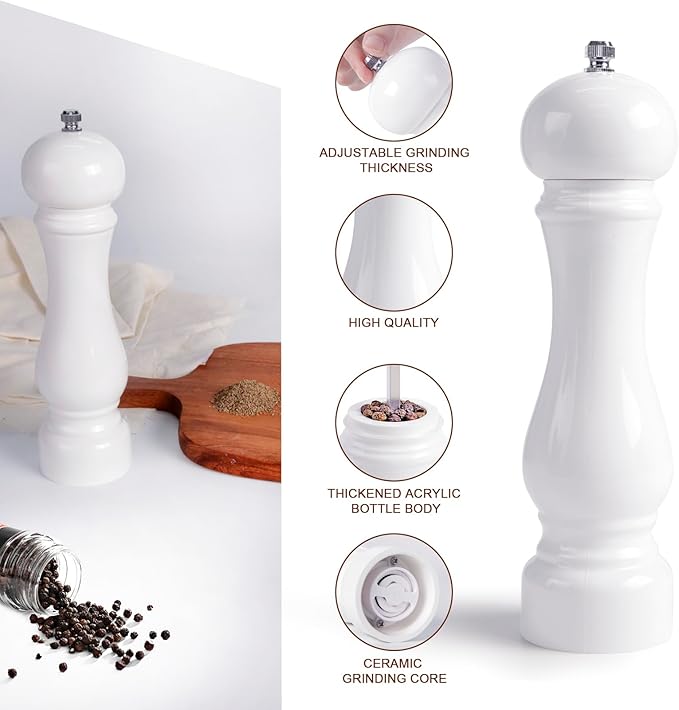 LHS Pepper Mill Grinder Salt Grinder, Arcylic Peppercorn Grinders with Adjustable Ceramic Grinding Core (8 Inch,White)