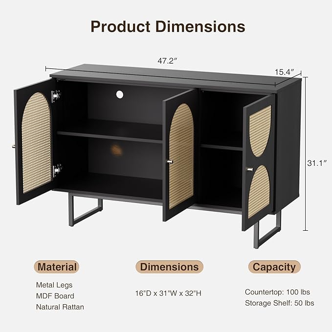 Sideboard Buffet Cabinet with Rattan Doors, Sideboard Cabinet with Metal Legs for Living Room, Hallway, Entryway (Black, 3 Doors)
