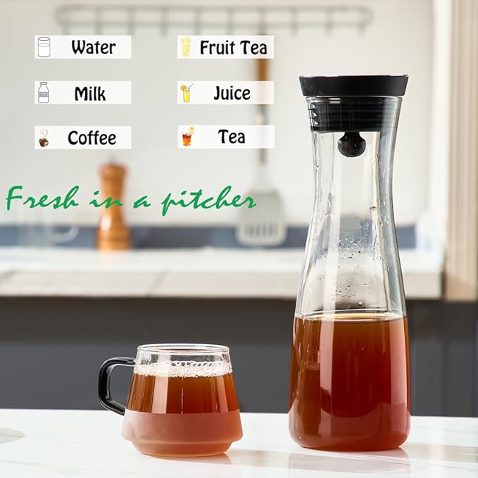 Karafu 40 Oz/1.2 Liter Glass Carafe with Lid, Borosilicate Water Pitcher for Hot/Cold Water, Ice Tea and Juice Beverage