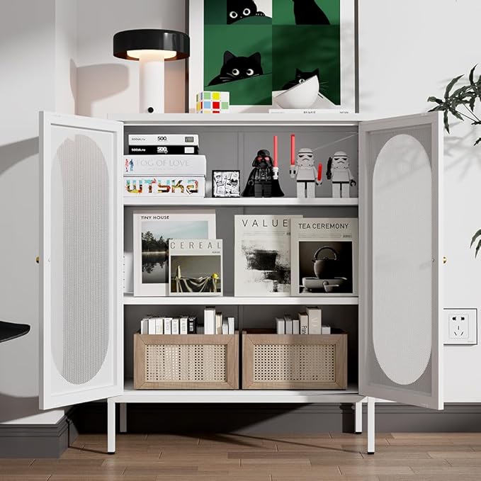 Small Cabinet with 2 Mesh Doors，Small White Cabinet with High Feet, Metal Pantry with Adjustable Shelf, Sideboards for Room, Office, Living Room,Dining Room,Sideboard, Hallway and Entryway