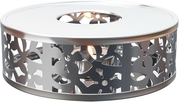Tea Warmer Petals Silhouette, JUKFITA Silver Brushed Stainless Steel Teapot Warmer, Includes 1 Tealight Holder