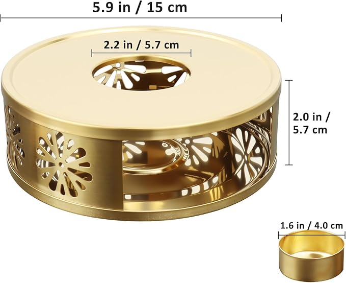 Tea Warmer Chrysanthemum Silhouette, JUKFITA Gold Brushed Stainless Steel Teapot Warmer, Includes 1 Tealight Holder