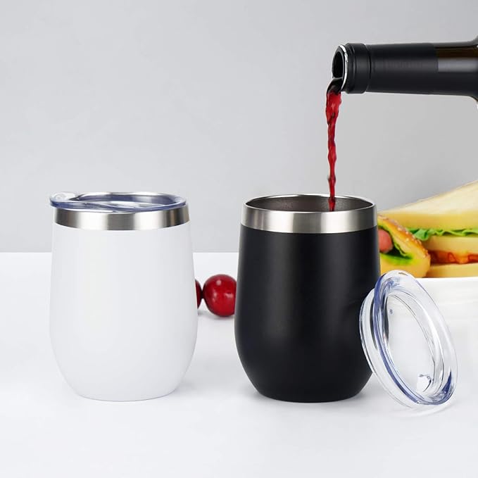 Lifecapido 4 Pack 12Oz Stainless Steel Stemless Wine Glasses, Insulated Wine Tumbler, Stainless Steel Wine Tumbler Cups with Lids and Straws for Coffee, Cocktails, Wine, Champaign, White