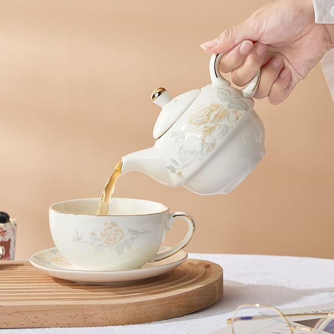 Tea for One Porcelain Teapot and Cup Set, Tea Set for One, Floral Teapot, Gold Rose Tea Set Gift for Women