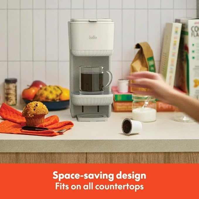 Single-Serve Bella Coffee Maker – Compact 6oz–14oz Brewer for Ground Coffee or Pods, One-Touch Operation, Adjustable Drip Tray, 35oz Water Tank, Travel Mug Friendly, Dishwasher-Safe Parts (Oatmilk)