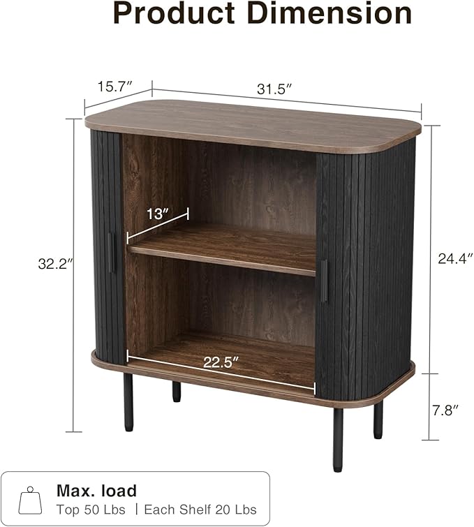 31''W Black Buffet Sideboard Cabinet with Storage, Fluted Accent Storage Cabinet Black with Curvy Edge; Sliding Door Coffee Bar, Credenza Console Table for Living, Kitchen, Hallway