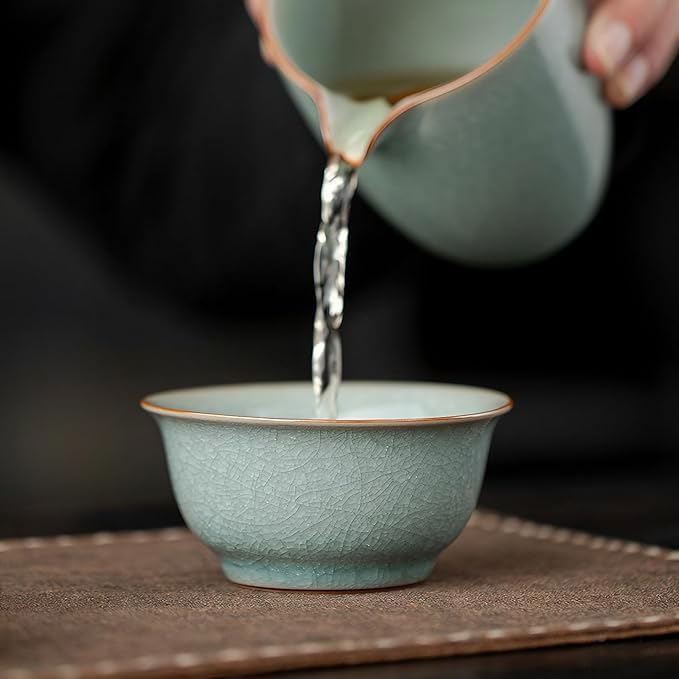 KAMMAK Tea Cup Set of 2 Porcelain Small Tea Cups 2oz Japanese Tea Cup, Asian Handmade Ceramic Teacups for Home, Party, Office, Chinese Kung Fu Tea Set for Hot/Cold Drink (Bell-Ice Crackle Glaze)