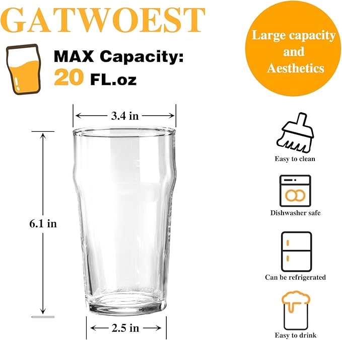 20 oz Beer Glasses Set of 2- Easy to Stack & Lead-Free Classic British Pint Glasses Large Pub Craft Beer Glass for IPA, Pilsner,Clear Tall Glass Cups Great Beer Gifts for Men-Dishwasher Safe