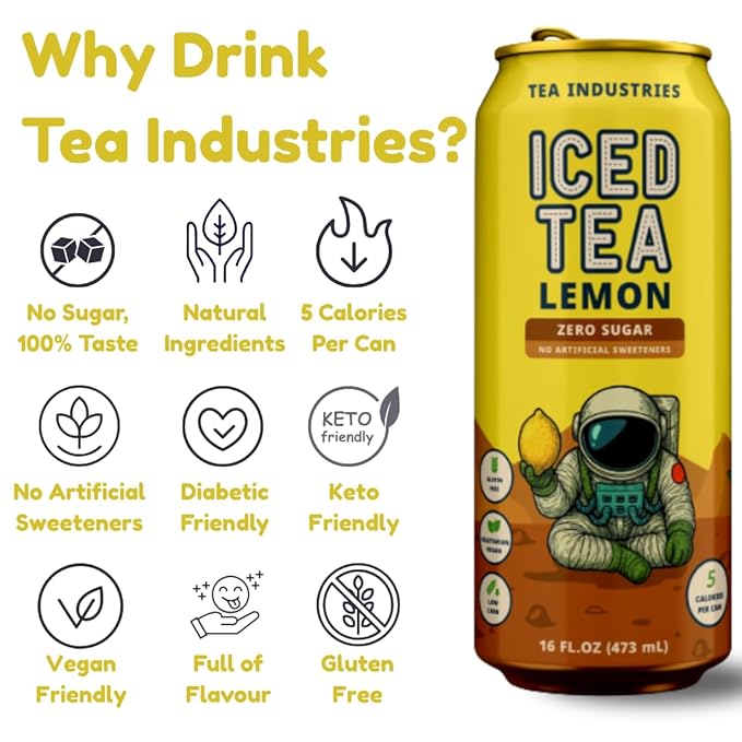 Tea Industries Black Tea with Lemon Iced Tea – Sugar Free, Low Calorie Citrus Flavor Electrolyte Drink for Hydration, 16oz Cans (12-Pack)