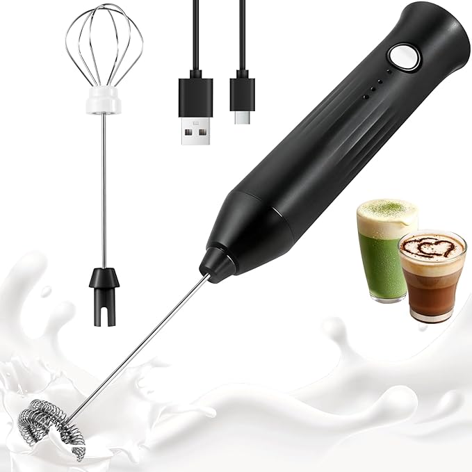 Milk Frother Handheld Rechargeable, Frother Wand Drink Mixer Electric Whisk for Coffee, Detachable With 2 Stainless Whisks, Hand Mixer for Lattes, Matcha, Egg, Gift for Christmas(Black)