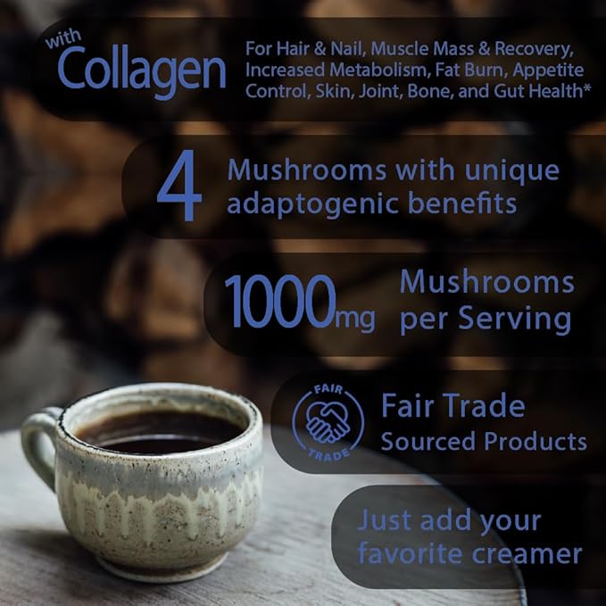 Sleep Boost Organic mushroom Instant Coffee - 10 x 9g Packets - Healthy Coffee alternative and Substitute - With Collagen, Lions Mane and Antioxidant