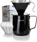 AGOGO Portable Pour Over Coffee Maker V60 Set - Easy Cleaning Compact 304 Stainless Steel Dripper for Camping & 50 Filters Paper & Cleaning Rag Black 20 oz