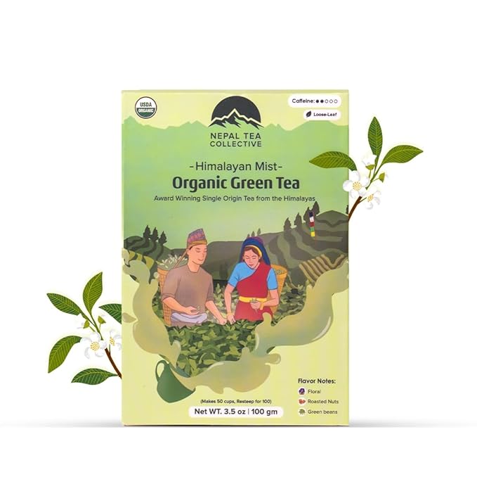 NEPAL TEA Organic Green Tea Loose Leaf - Premium USDA Certified Organic Loose Leaf Tea - Single Origin from Award Winning Family Farm in the Himalayas - 3.5Oz / 100g (Himalayan Mist)